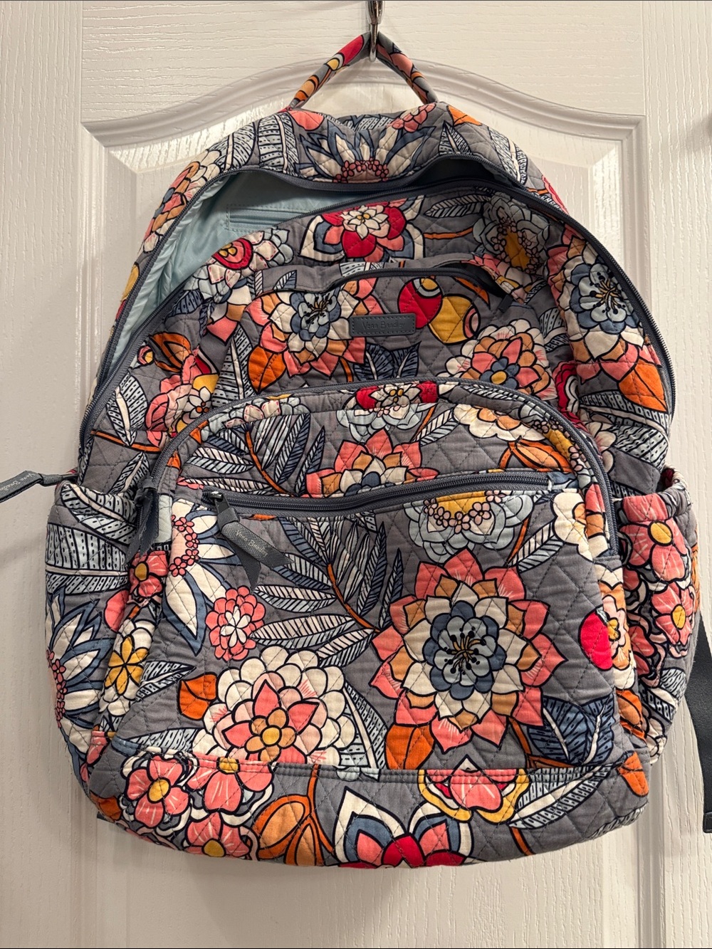 Vera Bradley Quilted Floral Backpack in Gray, Pink & Orange